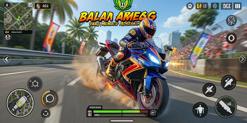 Tangkapan layar gameplay ADG62 yang menampilkan balapan motor yang seru.