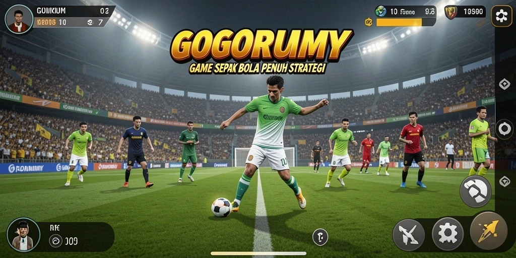 Tangkapan layar utama GOGORUMMY menampilkan aksi sepak bola yang mendebarkan.