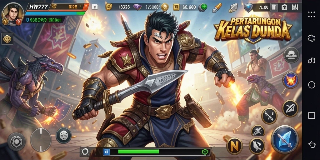 Tampilan gameplay HW777 menunjukkan pertarungan seru antara karakter dengan efek visual yang menakjubkan.