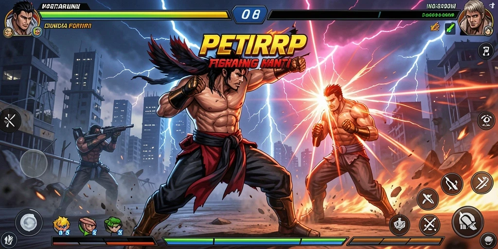 Tampilan pertarungan dinamis dalam PETIRRP dengan karakter yang beragam.