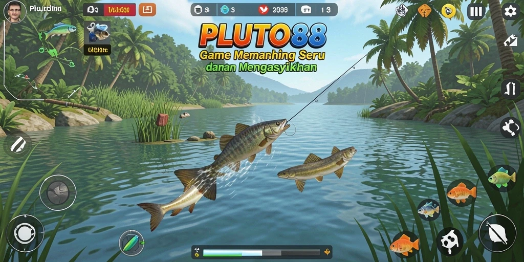 Screenshot gameplay PLUTO88 menampilkan momen memancing yang menegangkan.