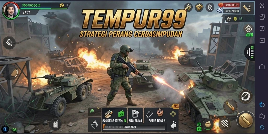 Tampilan utama gameplay TEMPUR99 yang menampilkan pertempuran strategis.