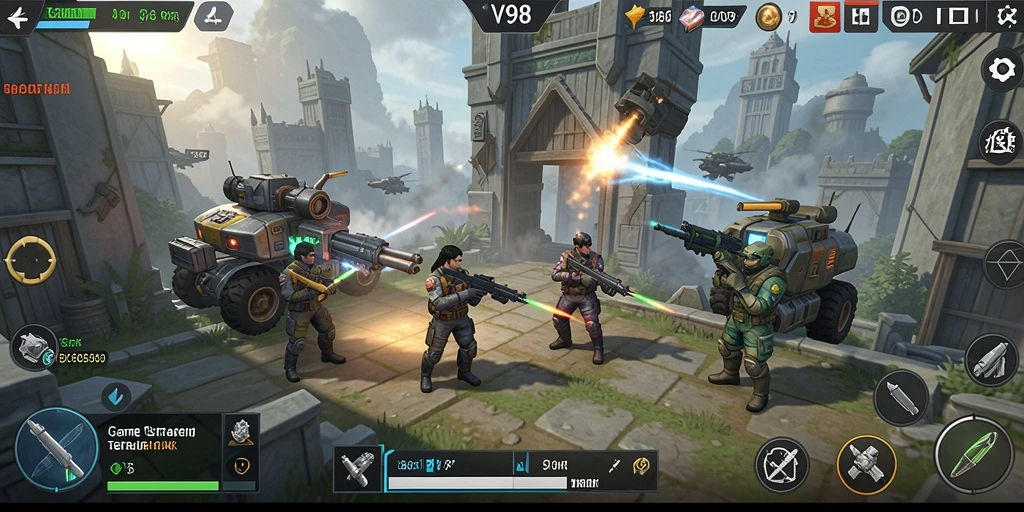 Screenshot gameplay menunjukkan aksi taktis dalam V98.